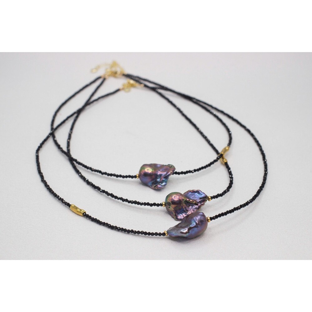 Floating Peacock Black Baroque Pearl and Spinel Choker  Adjustable Choker